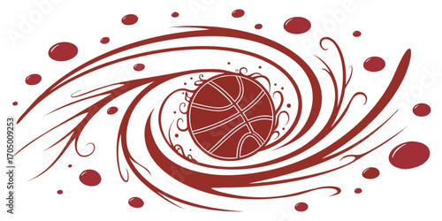 A swirling vortex of vibrant red paint splashes and droplets against a white background.  The paint forms a spiral, with thick, dynamic lines and numerous small, round droplets.  The color is a deep, 