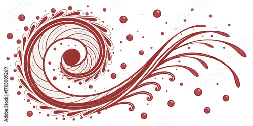 A swirling vortex of vibrant red paint splashes and droplets against a white background.  The paint forms a spiral, with thick, dynamic lines and numerous small, round droplets.  The color is a deep, 