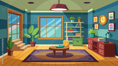 Cozy cartoon living room with plants furniture and natural light