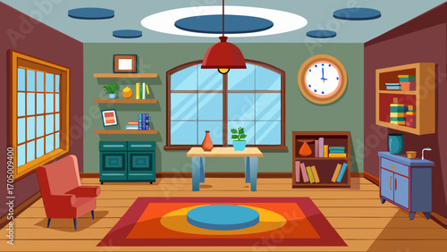 Cozy cartoon living room interior with furniture and windows
