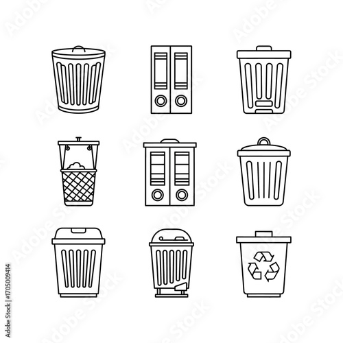 A set of nine black and white outline icons illustrating various types of trash cans, wastebaskets, and recycling bins.