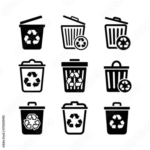 A collection of nine distinct black and white icons representing various styles of trash cans and recycling bins, each featuring the universal recycling symbol.