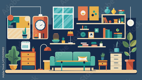 Modern living room interior with sofa bookshelf and plants