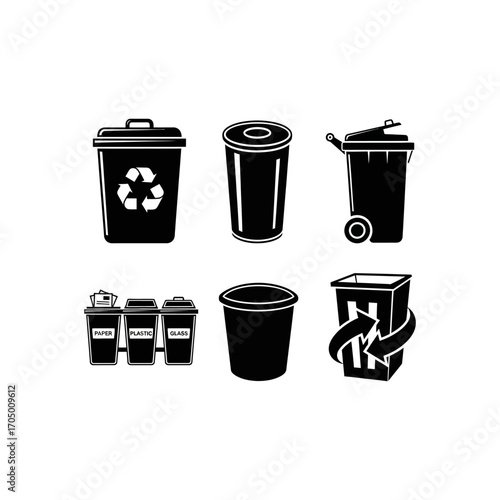 A collection of six different black and white vector illustrations of various trash cans and recycle bins, some with recycling symbols.