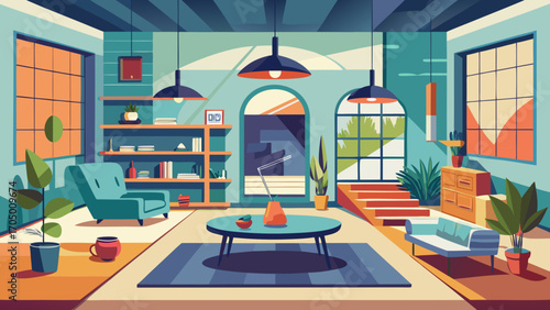 Modern living room interior with plants and large windows