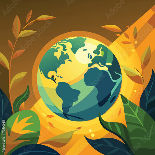 Glowing Earth surrounded by lush foliage and warm sunbeams