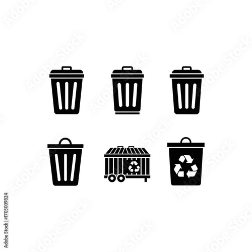 Collection of trash can and recycling bin icons, various styles.