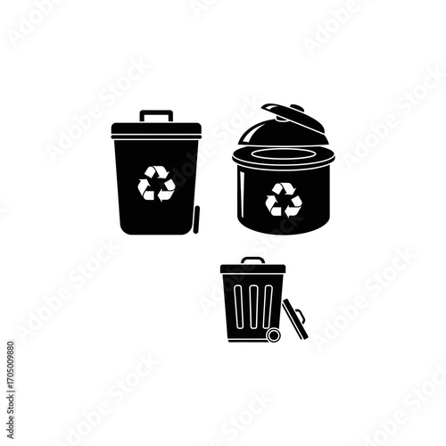 Recycling bins:  various styles, closed and open, recycle symbol.