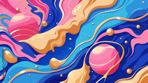 Abstract cosmic swirls with planets and bubbles in pink blue and gold