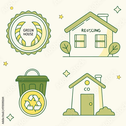 Green living and recycling icons with houses green house