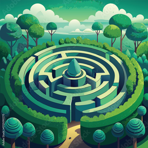 Green hedge maze with a unique sculpture in the center