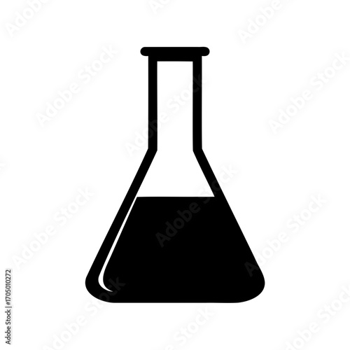 Silhouette of laboratory Erlenmeyer flask with black liquid for chemical experiments