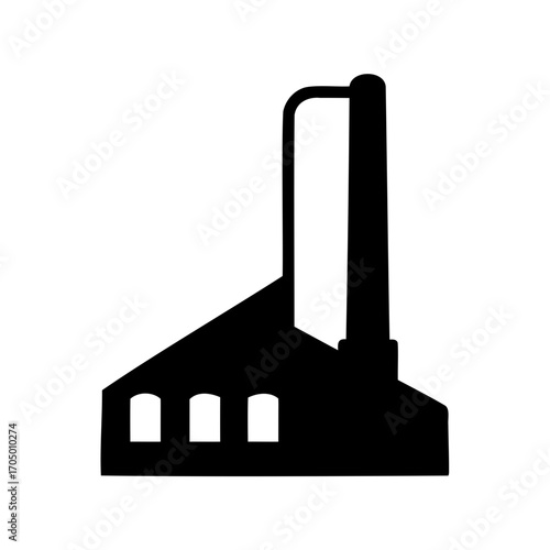 Black silhouette of factory with chimney and arched windows on white