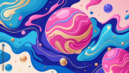 Vibrant abstract cosmic swirls with planets and bubbles