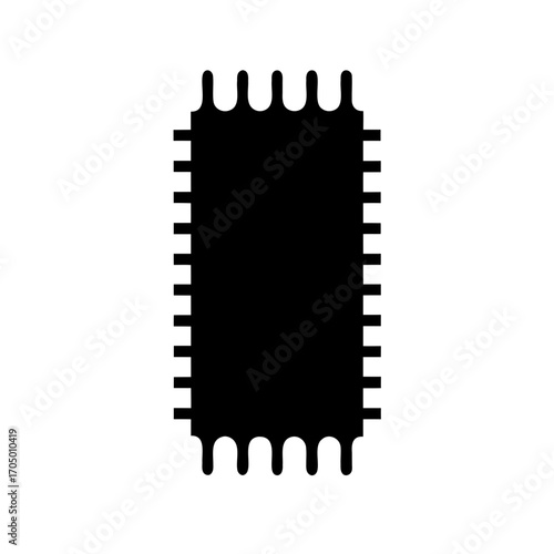 Stylized black and white illustration of an integrated circuit chip silhouette