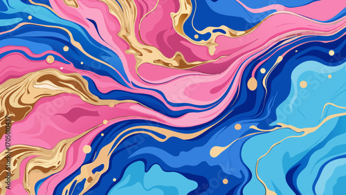 Abstract swirling marbling with pink blue and gold colors