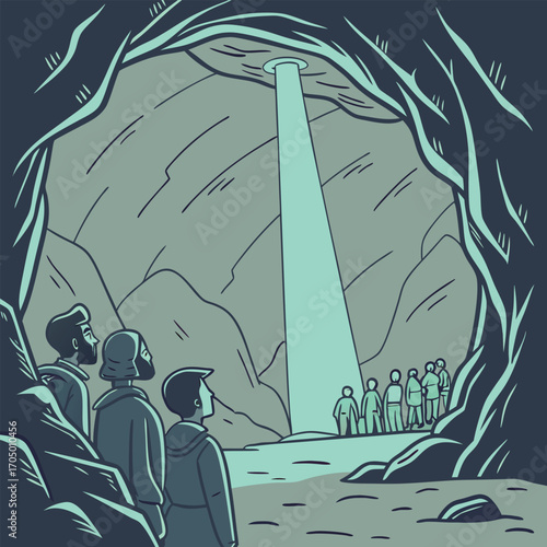 Group of people observing light beam in cave rock formation