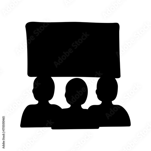 Silhouette of group of people protesting and holding up a blank banner