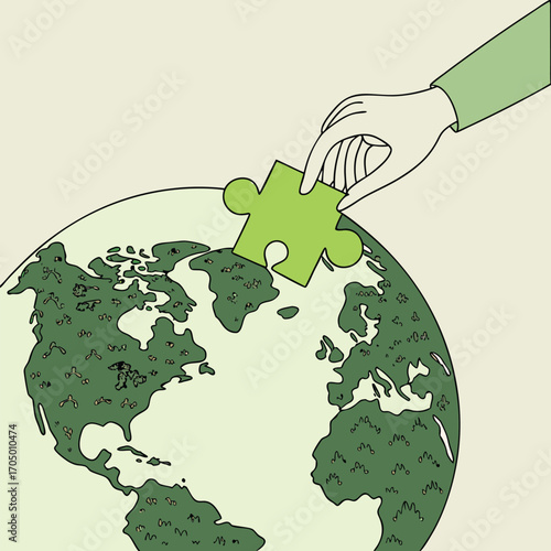Hand adding a puzzle piece to the Earth with plants