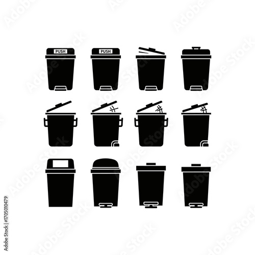 Collection of twelve diverse trash can icons, open and closed, various styles.