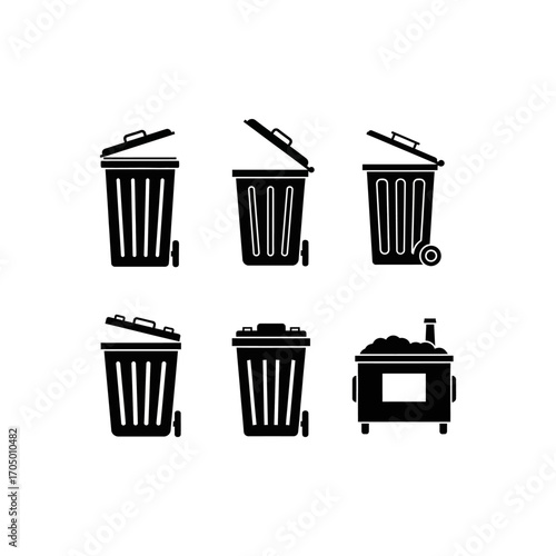 A set of six black silhouette icons depicting various types of trash cans, wheelie bins, and a dumpster.