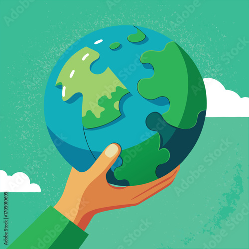 Hand holding a puzzle globe in a green environment