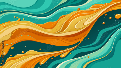 Abstract flowing waves of teal and orange with golden droplets