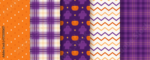 Halloween patterns. Seamless textures. Haloween background with pumpkin face, ghost, polka dot, zigzag, check. Orange purple textile prints. Set geometric wrapping papers. Vector Illustration.