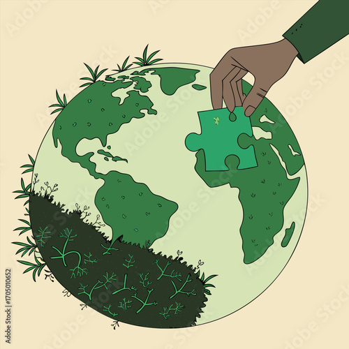 Hand placing a puzzle piece on the Earth with plants growing