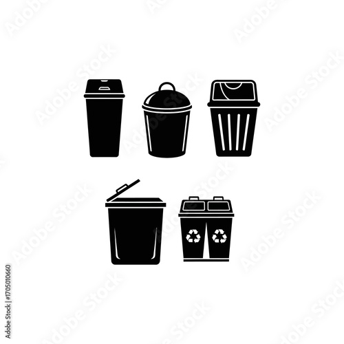 Set of black silhouette icons illustrating various waste bins, including recycling containers, for garbage and refuse disposal.