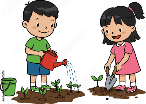 Cartoon children gardening, boy watering plants, girl digging soil, green environment illustration, outdoor activity, kids nature care, eco friendly lifestyle vector