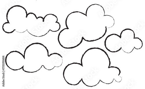 Grunge textured black cloud icon. Abstract grunge style black cloud silhouettes with rough texture, useful for weather icons, backgrounds, posters. Children drawing style clipart for childish design

