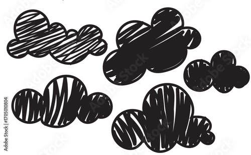 Grunge textured black cloud icon. Abstract grunge style black cloud silhouettes with rough texture, useful for weather icons, backgrounds, posters. Children drawing style clipart for childish design

