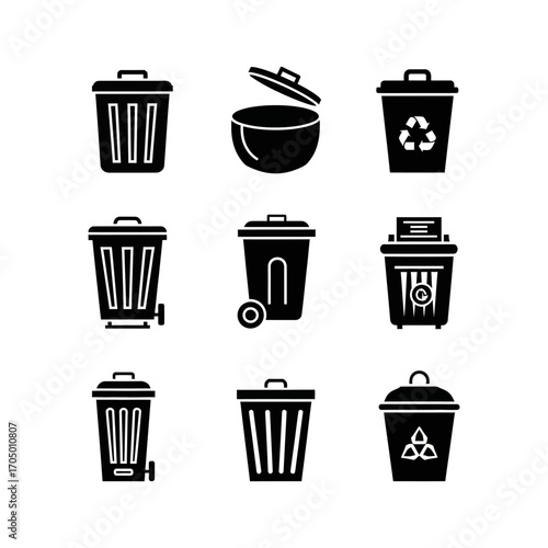 Various types of trash cans and bins, showing different styles and features, including recycling symbols.