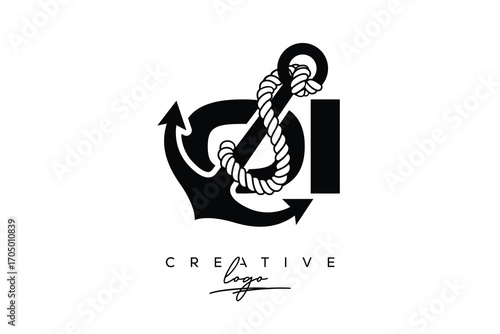 OI Creative Monogram Latter Logo with Anchor and Rope Design Minimalistic Logo Design 