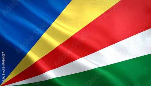 Free Download Seychelles flag with oblique blue, yellow, red, white, and green bands radiating from bottom left corner, symbolizing unity and environment. - GFXLoad