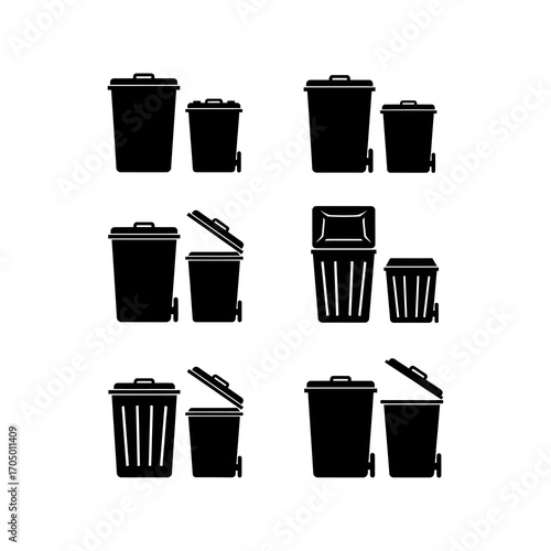 Collection of various sized trash cans, open and closed, illustrated as simple black icons.
