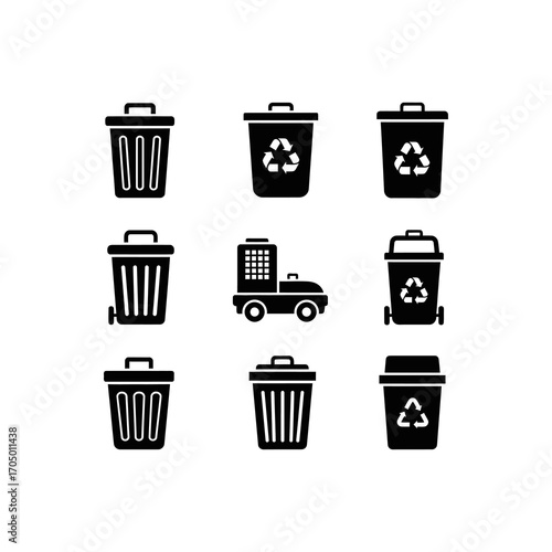 A collection of black glyph icons representing trash cans, recycling bins, and a garbage truck for waste management.