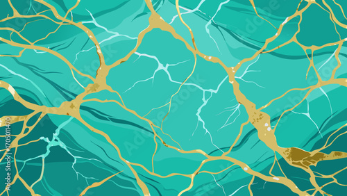 Abstract teal green marble texture with gold veins and white cracks
