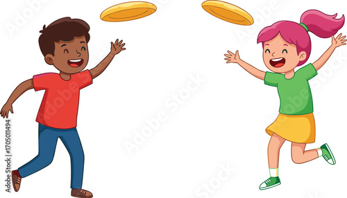 Happy children playing frisbee outdoors, fun activity, cartoon kids running and catching disc, summer sport, exercise, outdoor play, joyful vector illustration