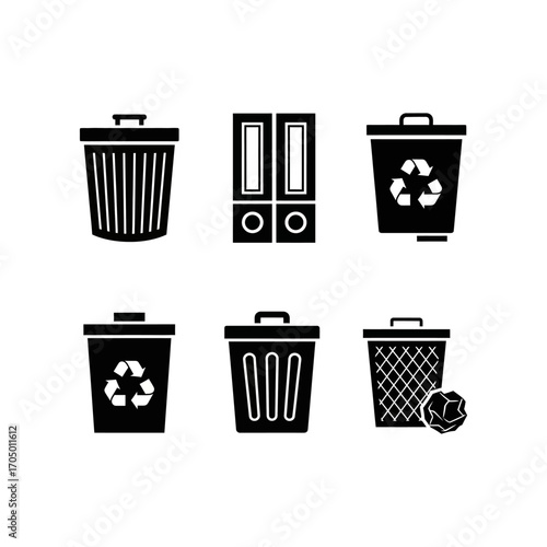 A collection of black silhouette icons depicting various waste bins, recycling containers, and office binders.