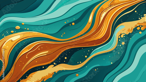 Abstract flowing waves of teal and gold liquid with droplets