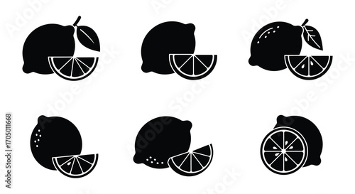 six lemons depicted with various slices and whole forms