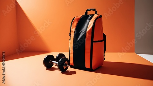 Bright orange gym backpack standing upright next to a pair of dumbbells on a warm orange surface with dramatic shadows