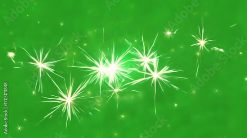 Sparkling Green Glow: A dynamic background of bright green adorned with numerous starbursts and shimmering particles, creating a festive and magical atmosphere.