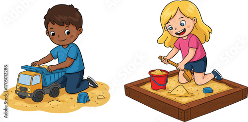 Happy children playing in sandbox with toys, boy with truck, girl with bucket and shovel, fun outdoor activity cartoon illustration