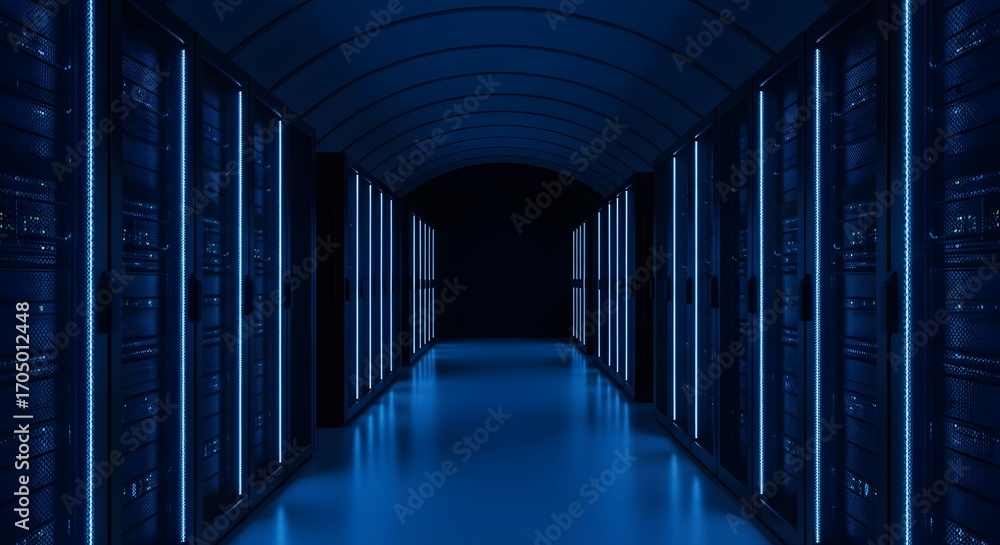 Fototapeta premium Data Center Server Room Blue Light Technology Network.