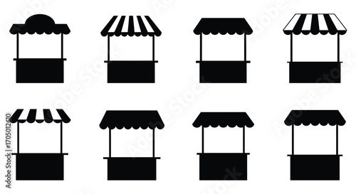 market stalls with striped awnings arranged neatly in rows