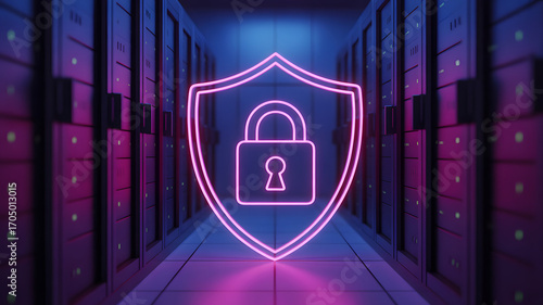 Cybersecurity concept with a glowing neon shield and padlock symbol superimposed over a server room with rows of computer racks, representing data protection and network security in a digital age