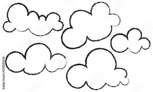 Grunge textured black cloud icon. Abstract grunge style black cloud silhouettes with rough texture, useful for weather icons, backgrounds, posters. Children drawing style clipart for childish design

